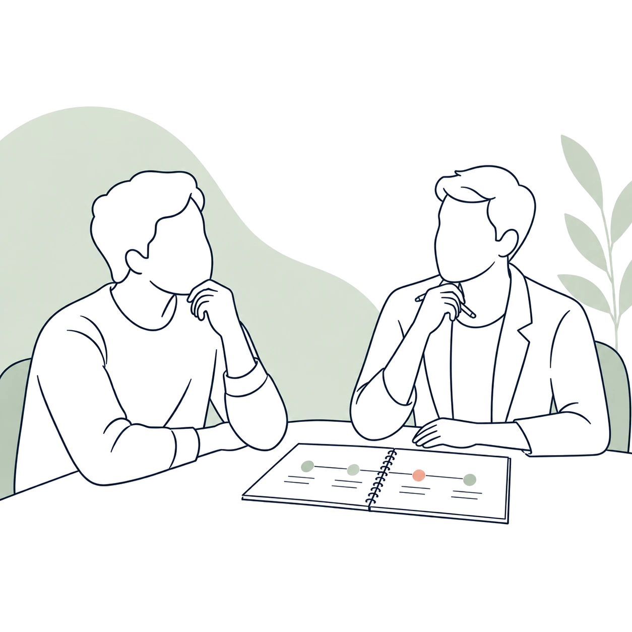 Male clinician and adult reviewing developmental history during an autism assessment.