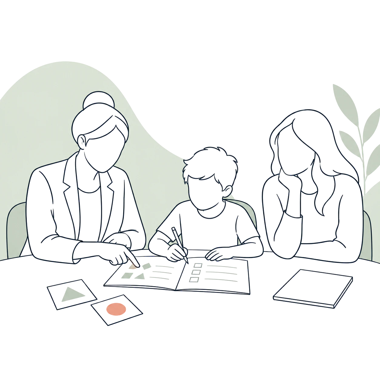 Clinician guiding a child through psychoeducational assessment activities with a parent present.